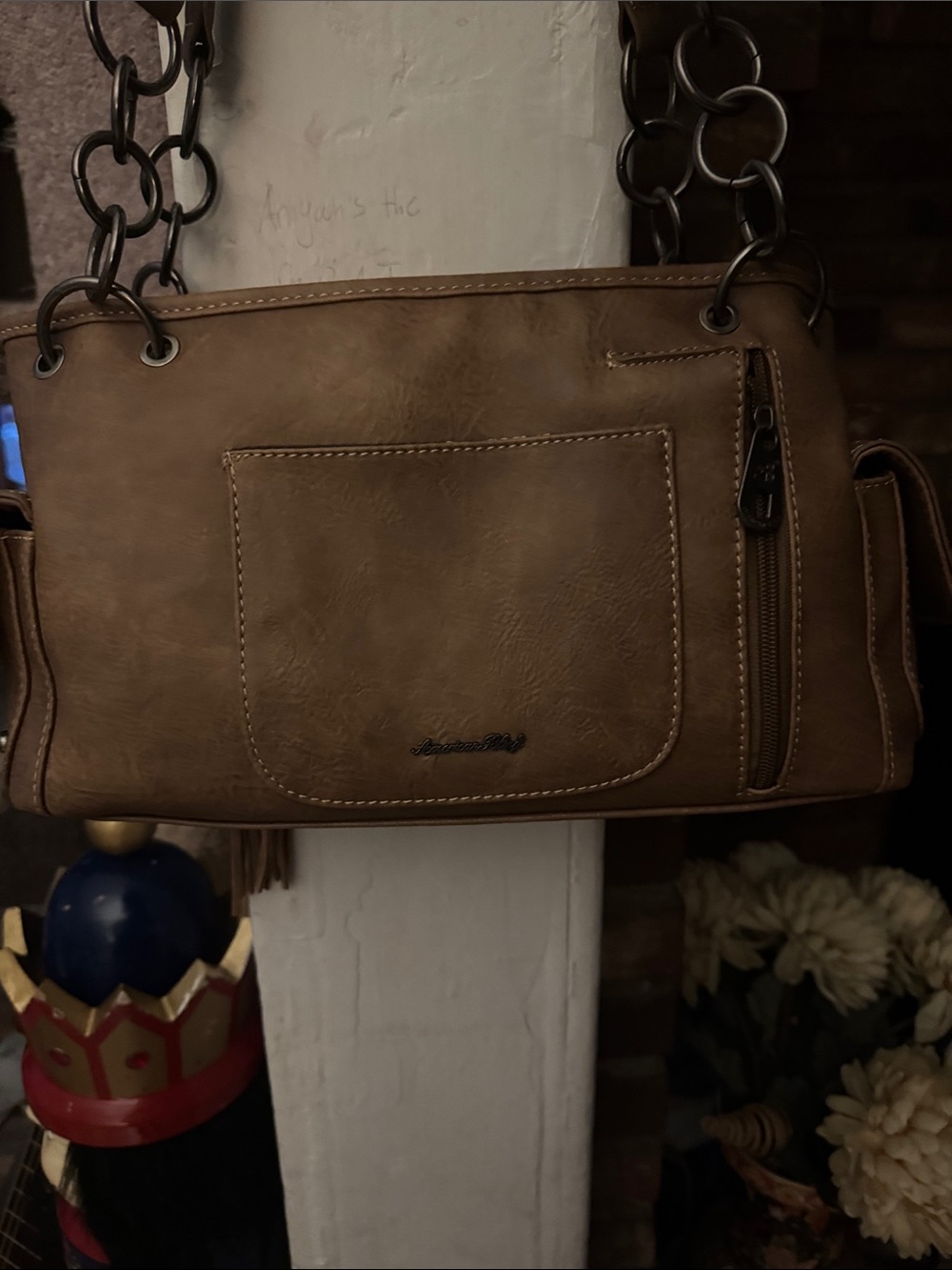 Tan Embroidered Feather Shoulder Bag with Stud and Tassel Detail - Picture 9 of 11